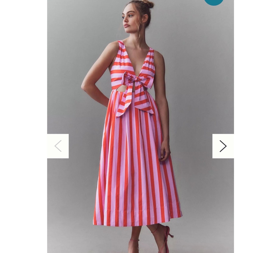 BHLDN Pink Orange Striped Tie Front Cutout Midi Dress‎ Size S Pocketed V-Neck